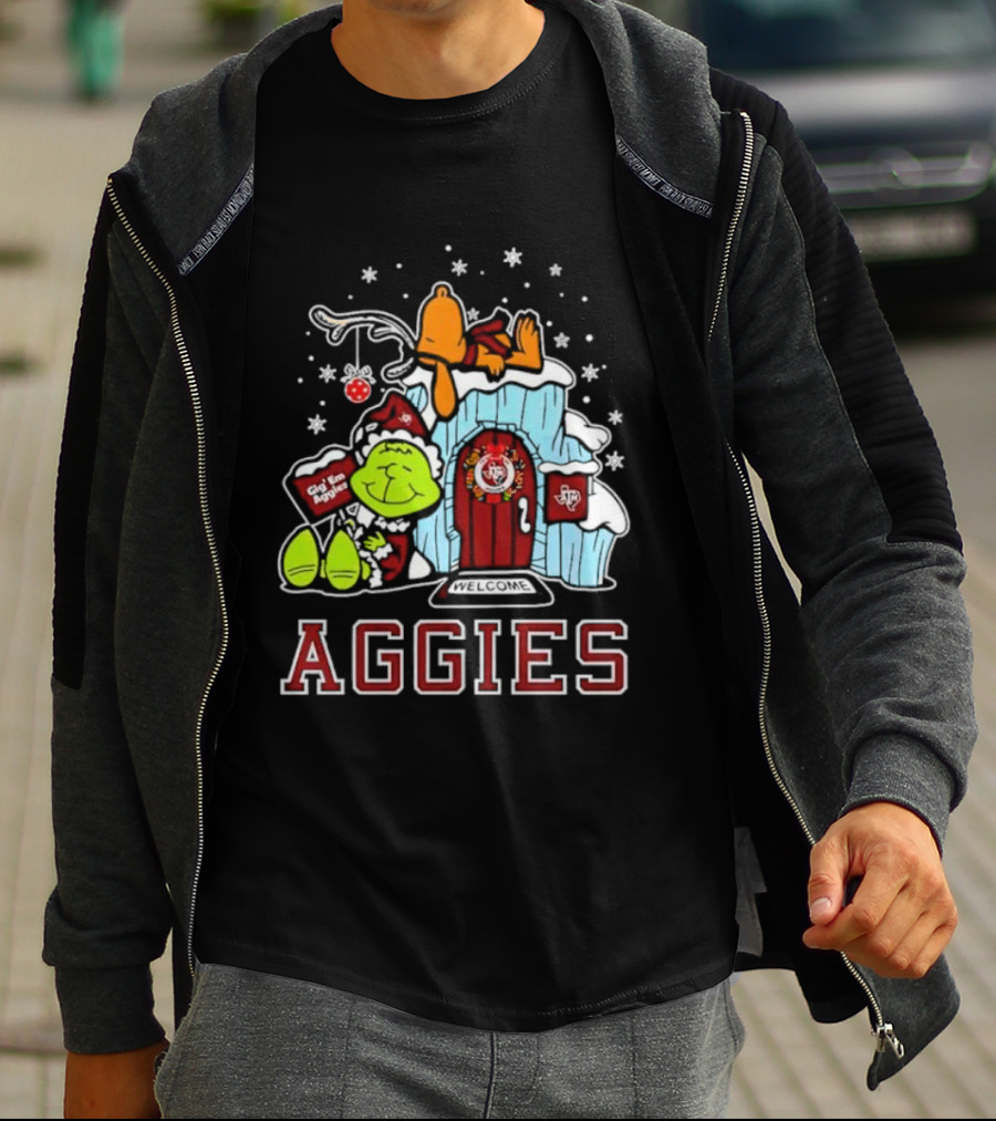 Peanuts Aggies Grinch Snoopy Christmas Hut Texas Holiday T-Shirt