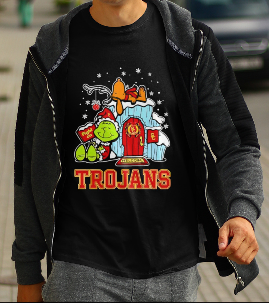 Peanuts USC Trojans Grinch Snoopy Christmas Fight On Welcome T-Shirt