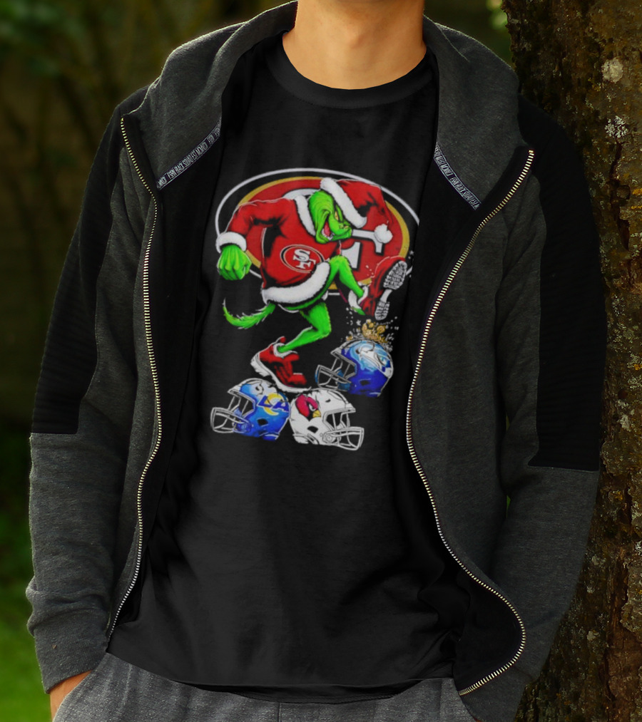San Francisco 49ers Grinch In Santa Suit Stomps NFL Helmets Rams Cardinals Christmas T-Shirt