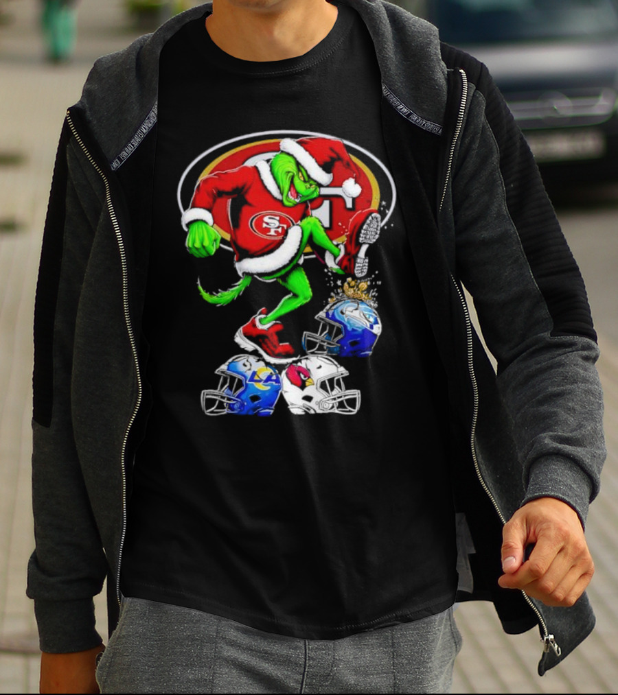San Francisco 49ers Grinch In Santa Suit Stomps NFL Helmets Rams Cardinals Christmas T-Shirt