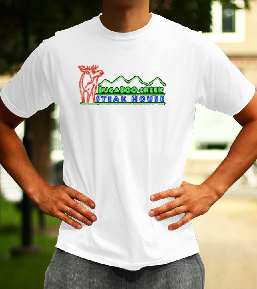 Bugaboo Creek Steakhouse Neon Logo With Moose And Mountain T-Shirt