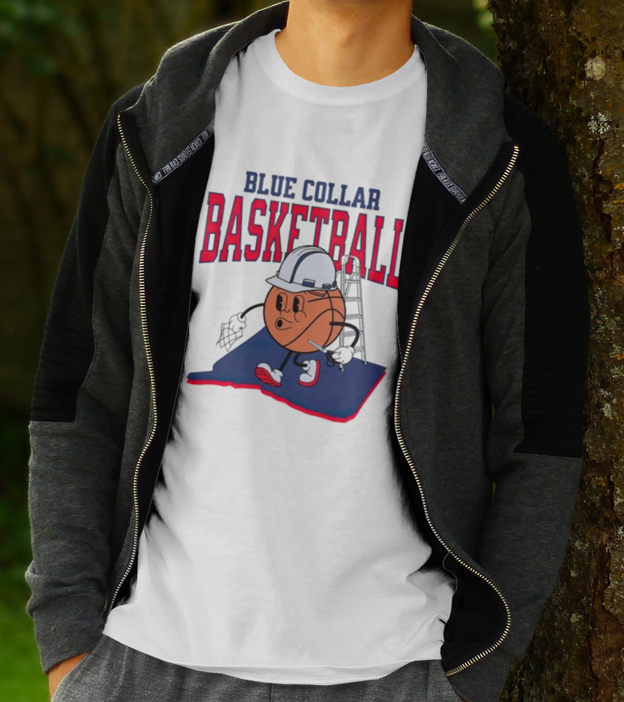 Blue Collar Basketball Hard Hat Hoop Cartoon T-Shirt