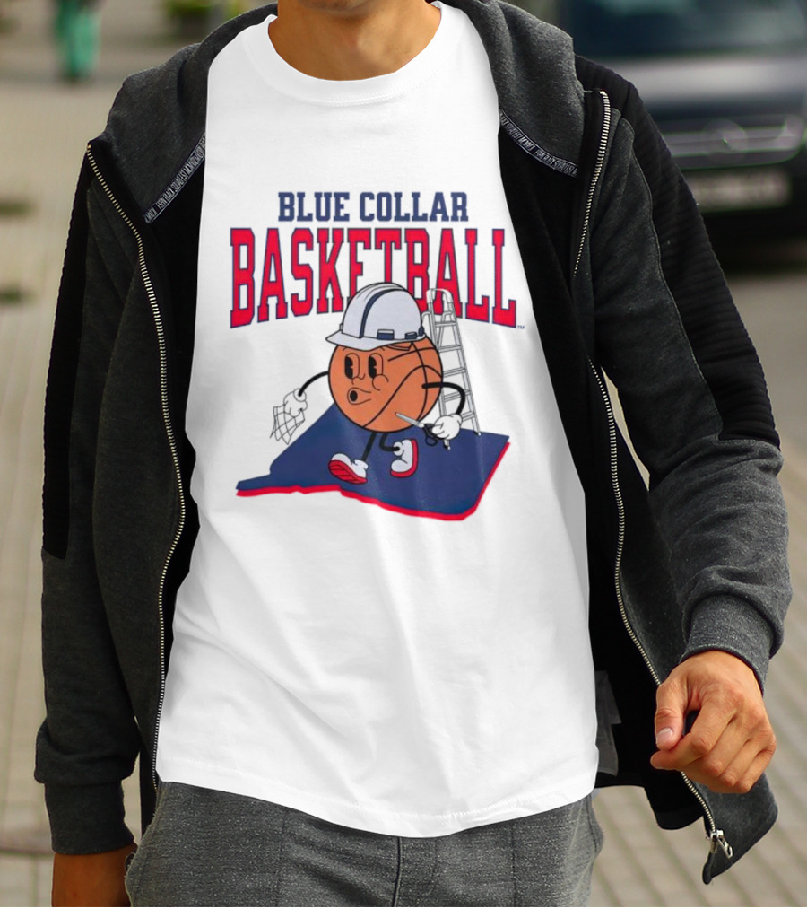 Blue Collar Basketball Hard Hat Hoop Cartoon T-Shirt