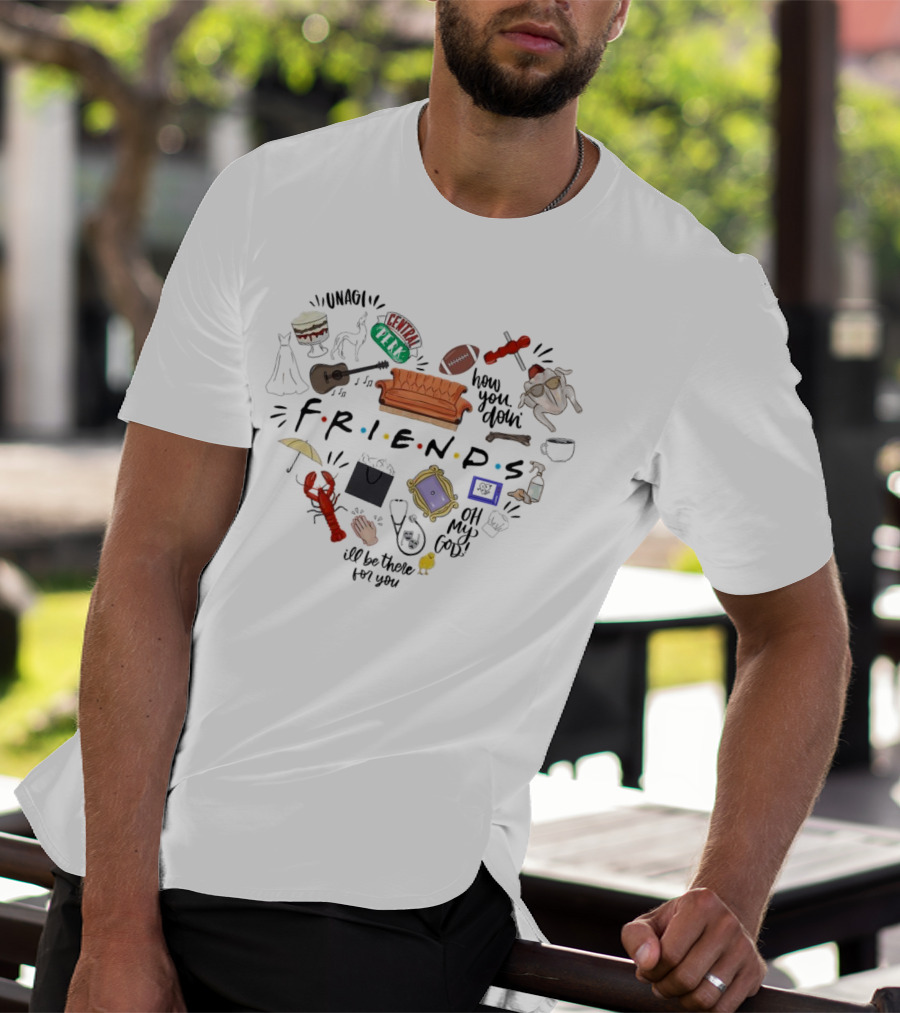 Friends TV Show Christmas Icons Unagi Central Perk Couch Football Turkey How You Doin' I'll Be There For You T-Shirt