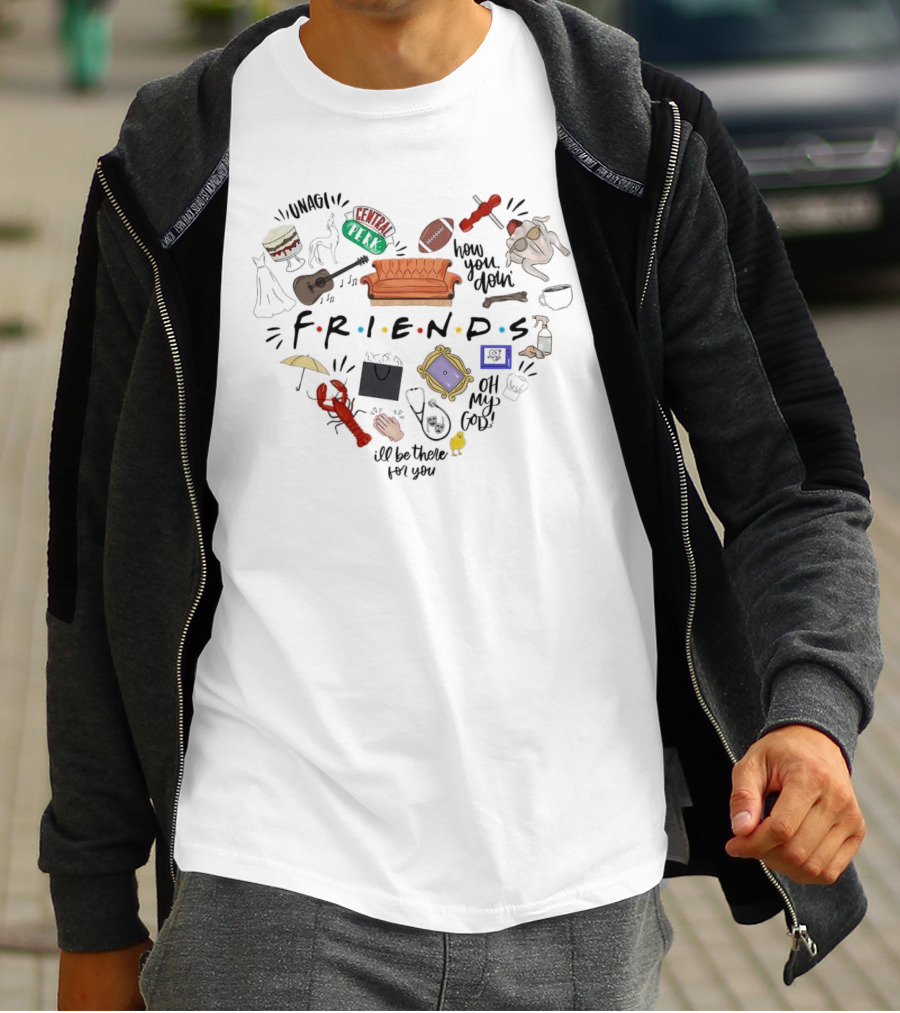 Friends TV Show Christmas Icons Unagi Central Perk Couch Football Turkey How You Doin' I'll Be There For You T-Shirt