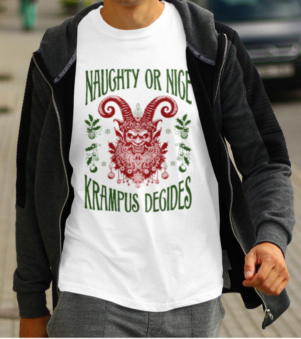 Naughty Or Nice Krampus Decides Demon With Horns And Holiday Decorations T-Shirt