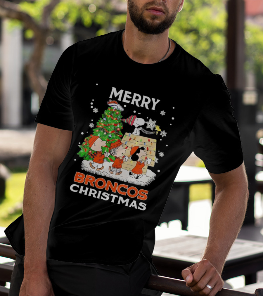 Merry Broncos Christmas Peanuts Characters T-Shirt