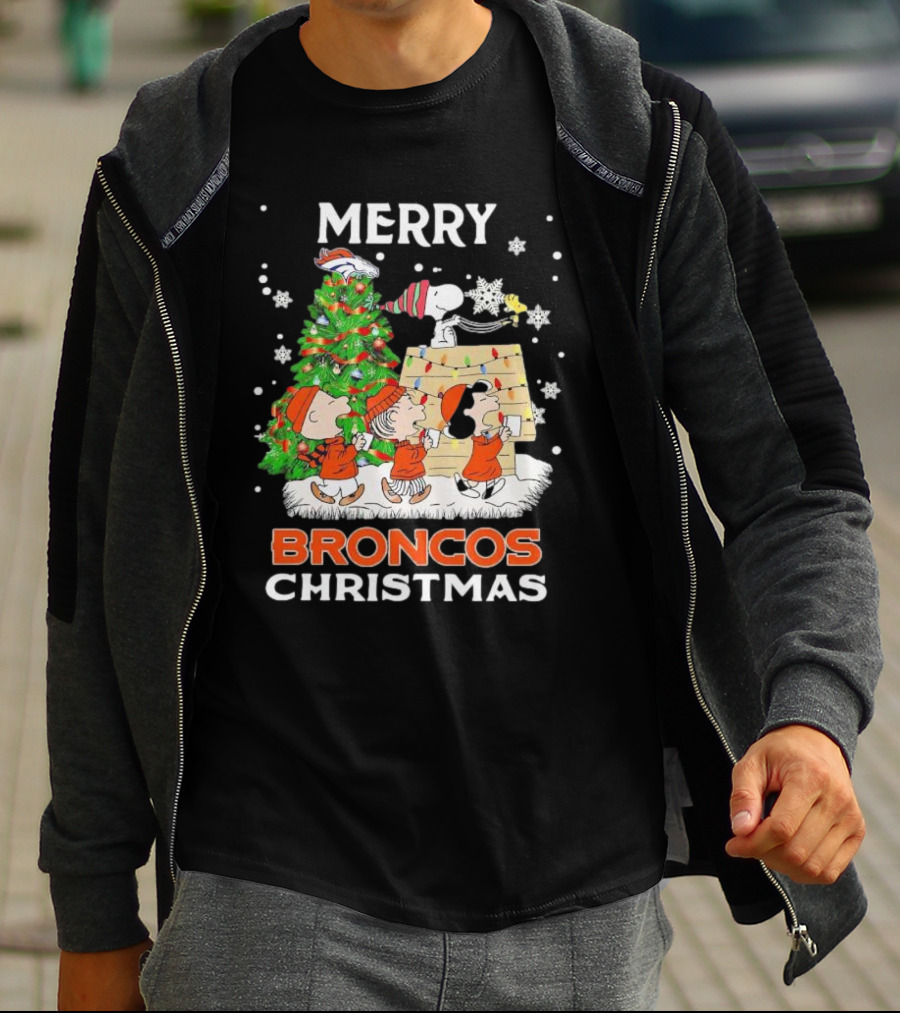 Merry Broncos Christmas Peanuts Characters T-Shirt