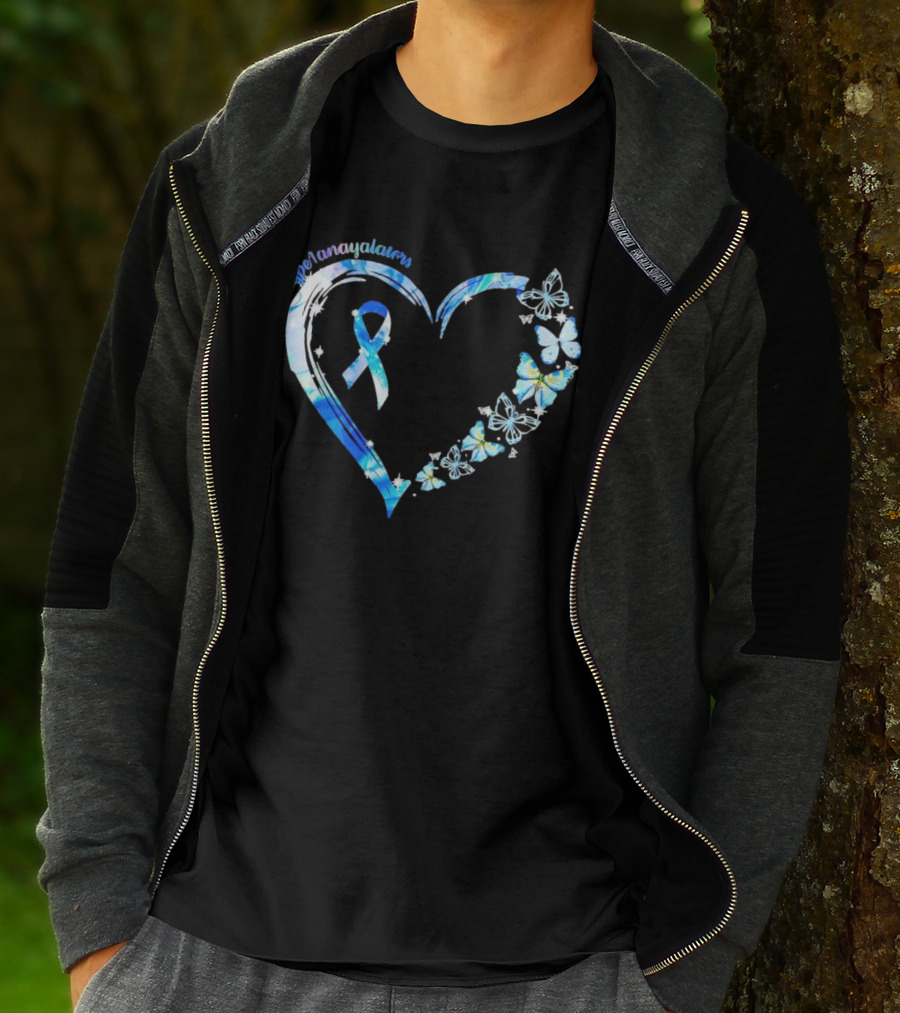 Type1Namayalars Diabetes Awareness Heart With Blue Ribbon And Butterflies T-Shirt