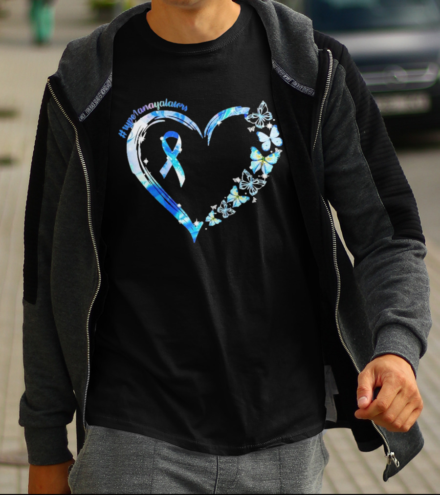 Type1Namayalars Diabetes Awareness Heart With Blue Ribbon And Butterflies T-Shirt