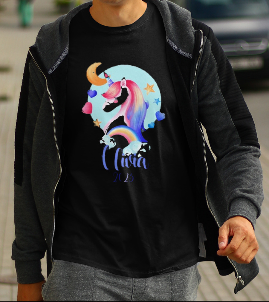 Olivia 2025 Rainbow Unicorn Hearts And Stars Christmas T-Shirt