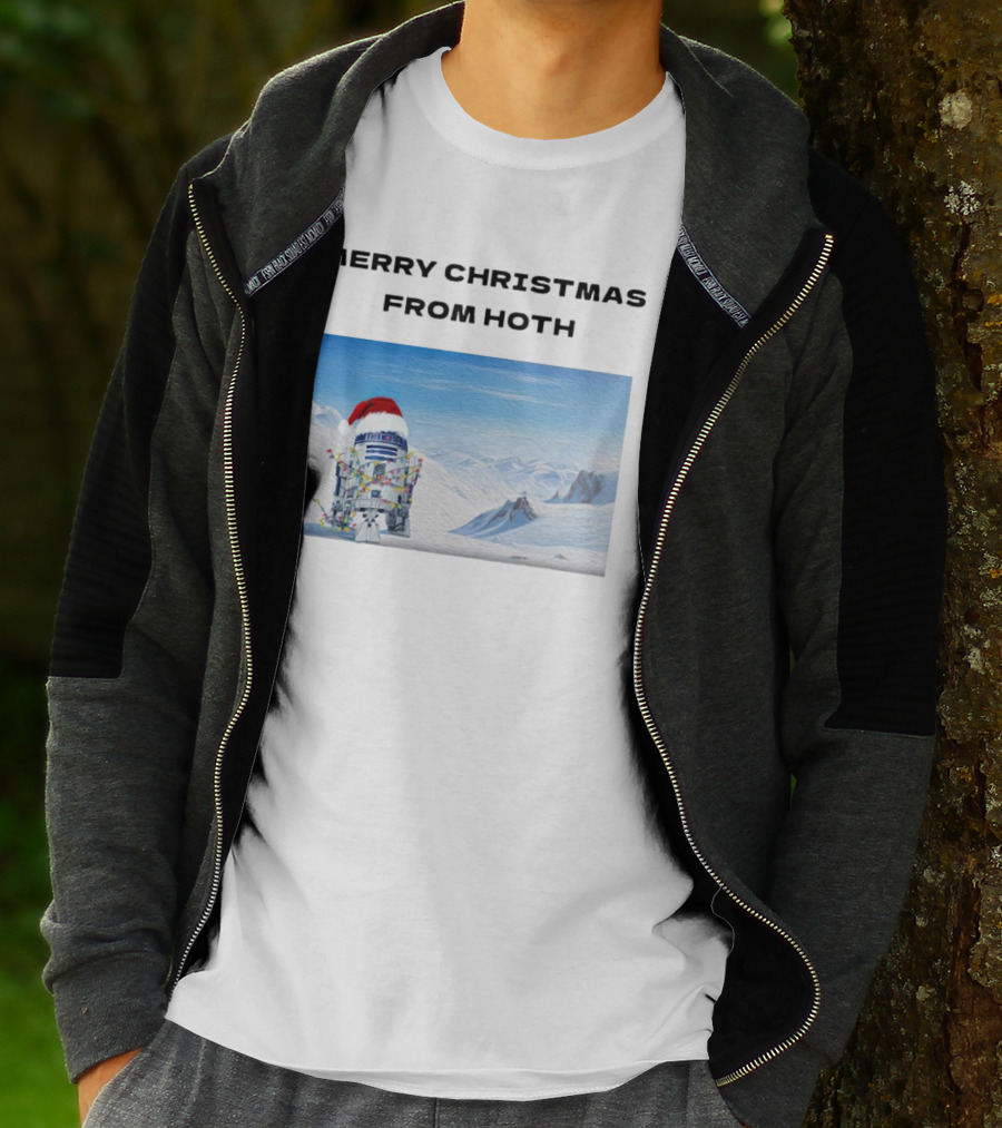 R2-D2 Merry Christmas From Hoth Santa Hat Lights Snowy Scene T-Shirt
