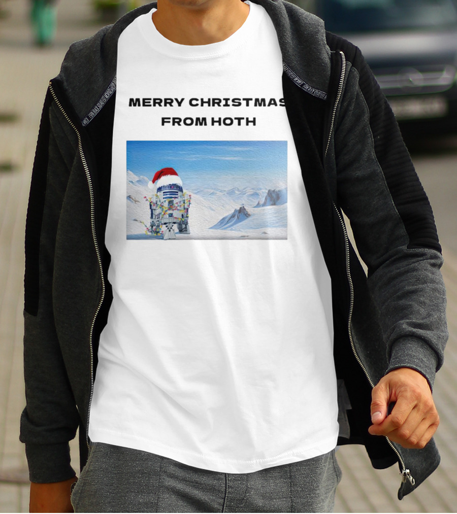 R2-D2 Merry Christmas From Hoth Santa Hat Lights Snowy Scene T-Shirt