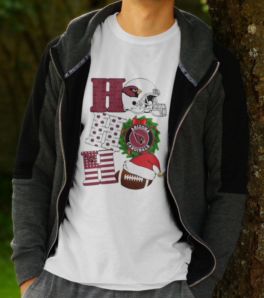 Arizona Cardinals Helmet Wreath Football Ho Ho Ho Merry Christmas T-Shirt