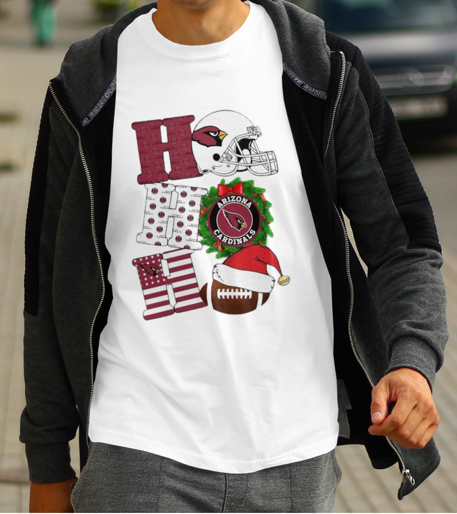 Arizona Cardinals Helmet Wreath Football Ho Ho Ho Merry Christmas T-Shirt