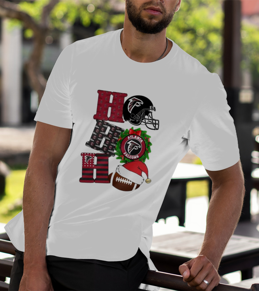 Atlanta Falcons Ho Ho Ho Merry Christmas Football Helmet Wreath Santa Hat T-Shirt