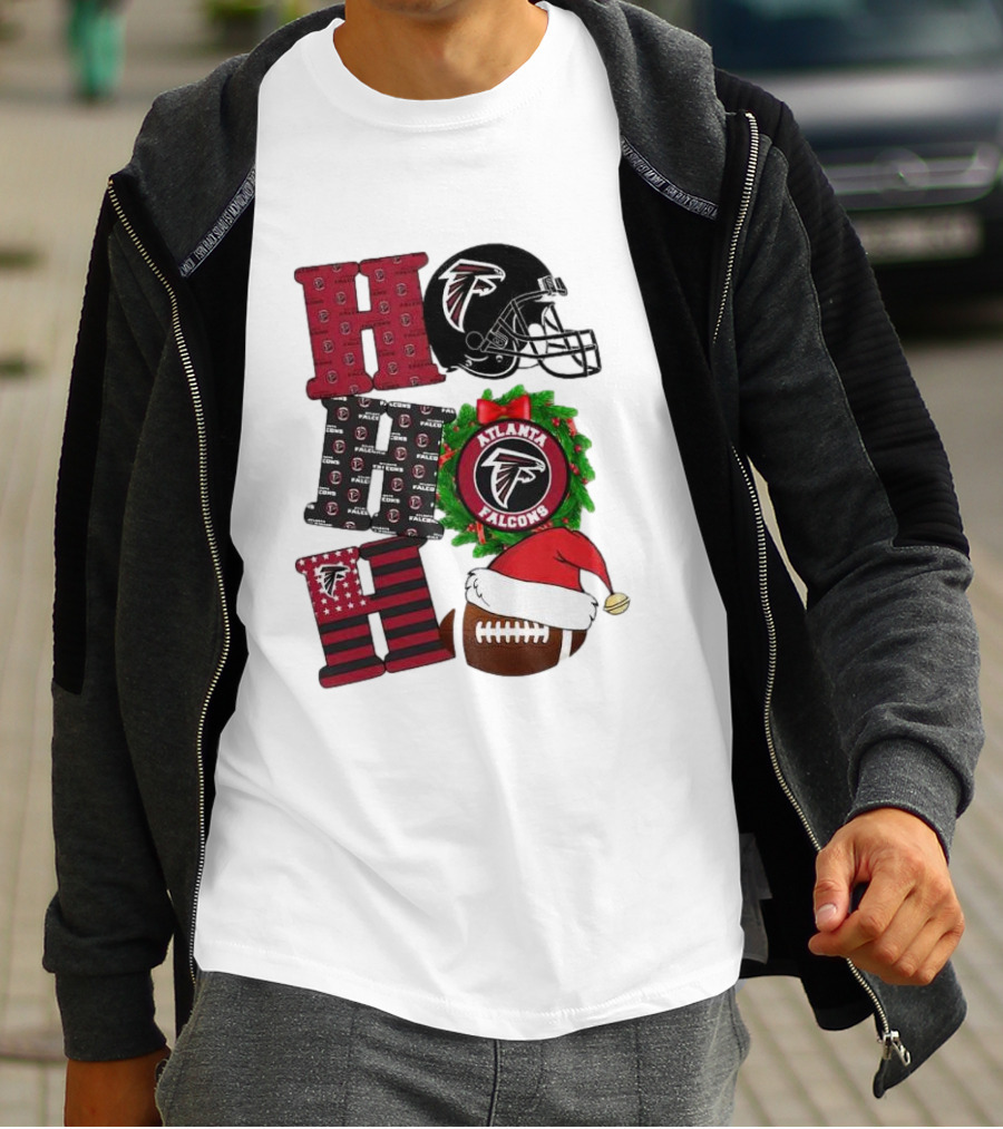 Atlanta Falcons Ho Ho Ho Merry Christmas Football Helmet Wreath Santa Hat T-Shirt