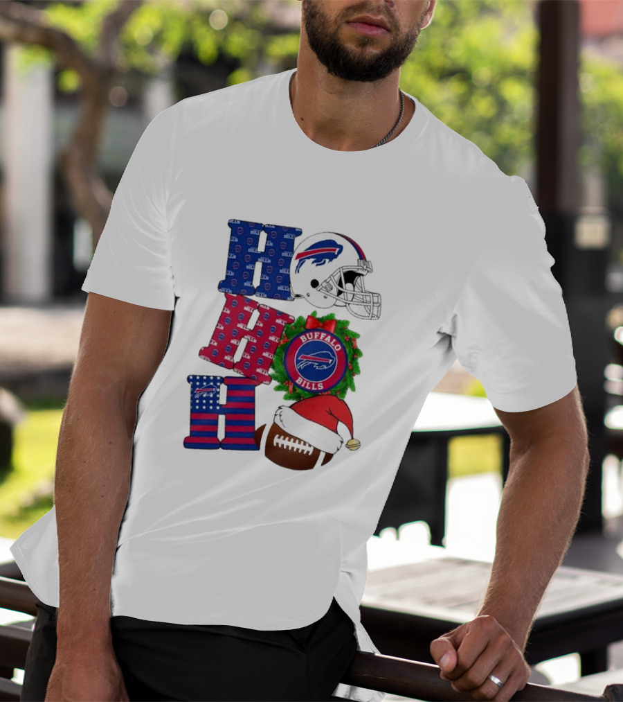 Buffalo Bills Helmet Wreath Football Santa Hat Ho Ho Ho Merry Christmas T-Shirt