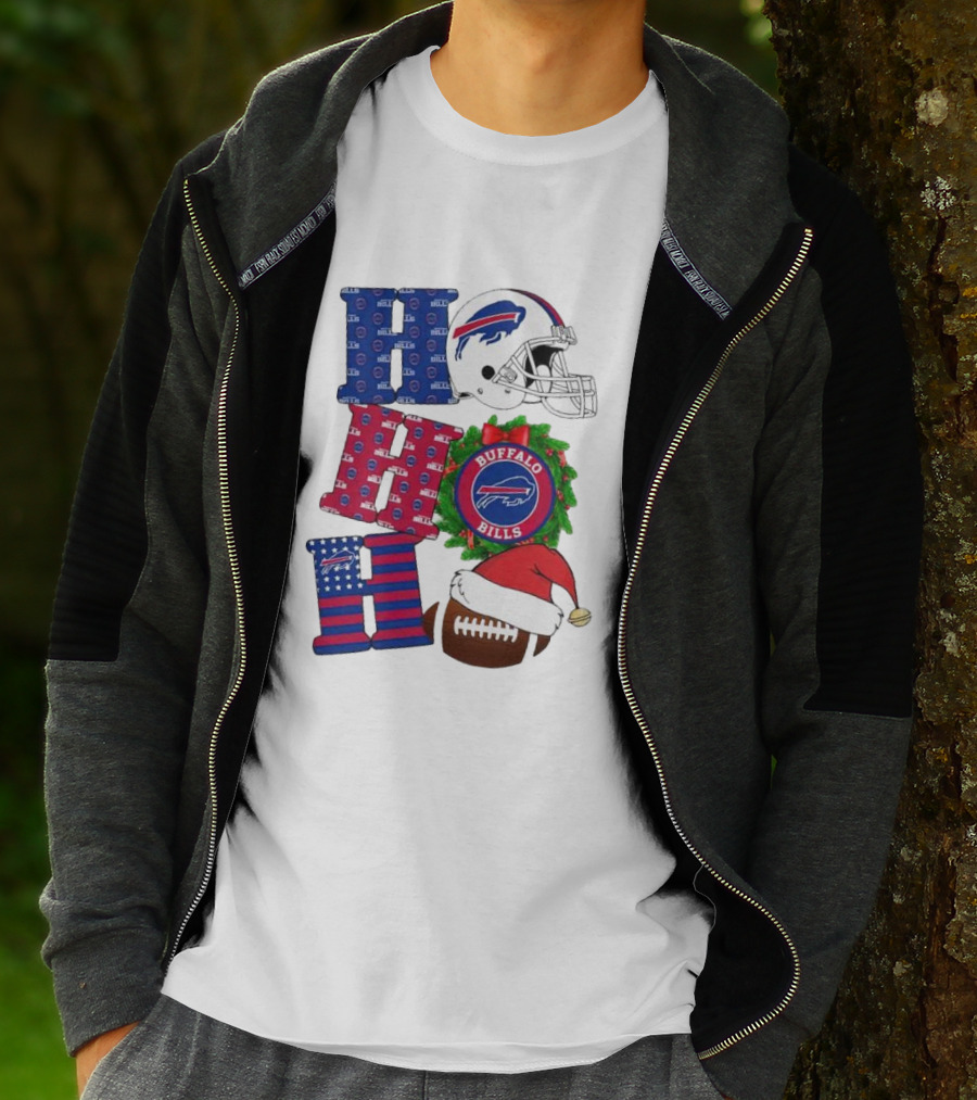 Buffalo Bills Helmet Wreath Football Santa Hat Ho Ho Ho Merry Christmas T-Shirt
