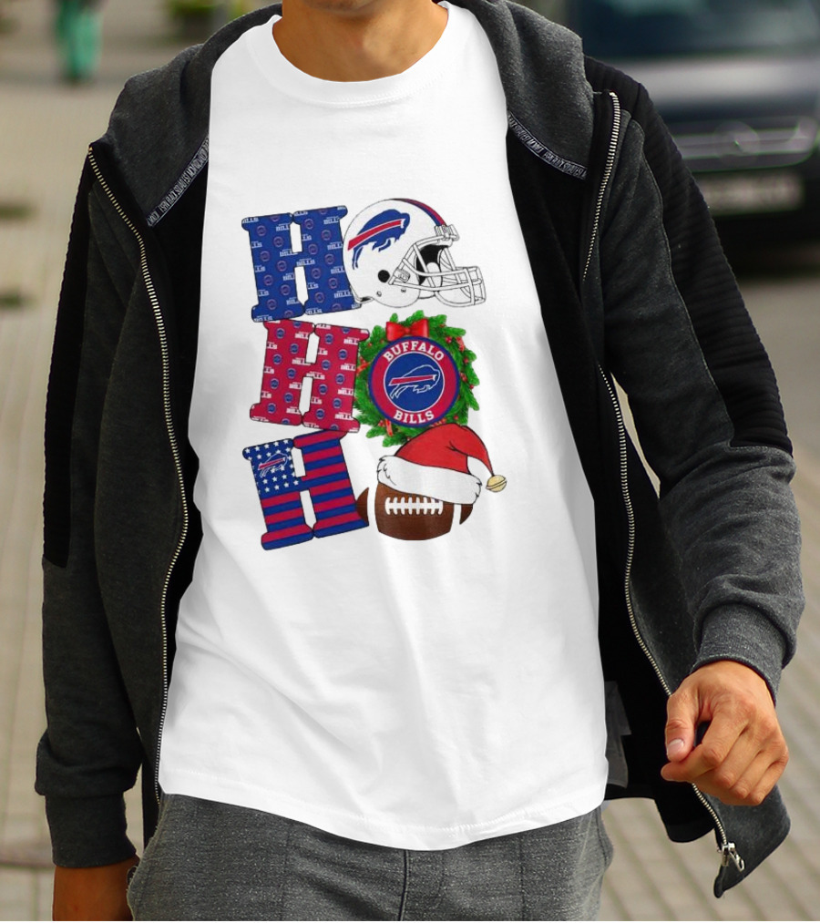 Buffalo Bills Helmet Wreath Football Santa Hat Ho Ho Ho Merry Christmas T-Shirt