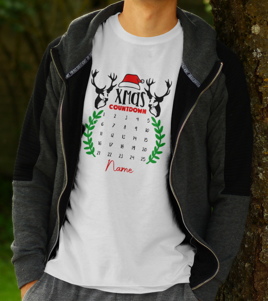 Xmas Countdown Calendar Name Custom Santa Hat Deer Antlers T-Shirt