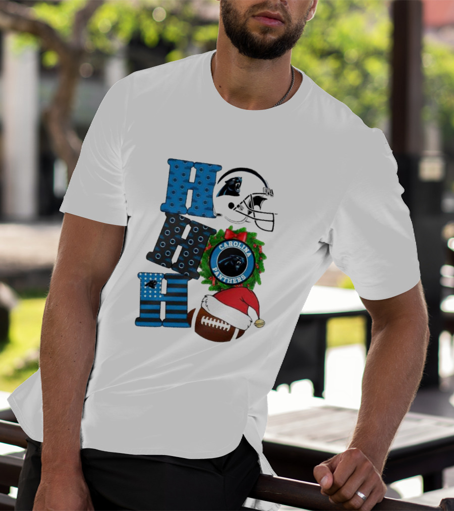 Carolina Panthers Ho Ho Ho Merry Christmas Football Helmet Wreath Santa Hat T-Shirt
