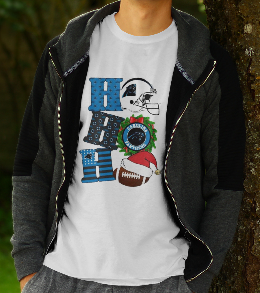 Carolina Panthers Ho Ho Ho Merry Christmas Football Helmet Wreath Santa Hat T-Shirt