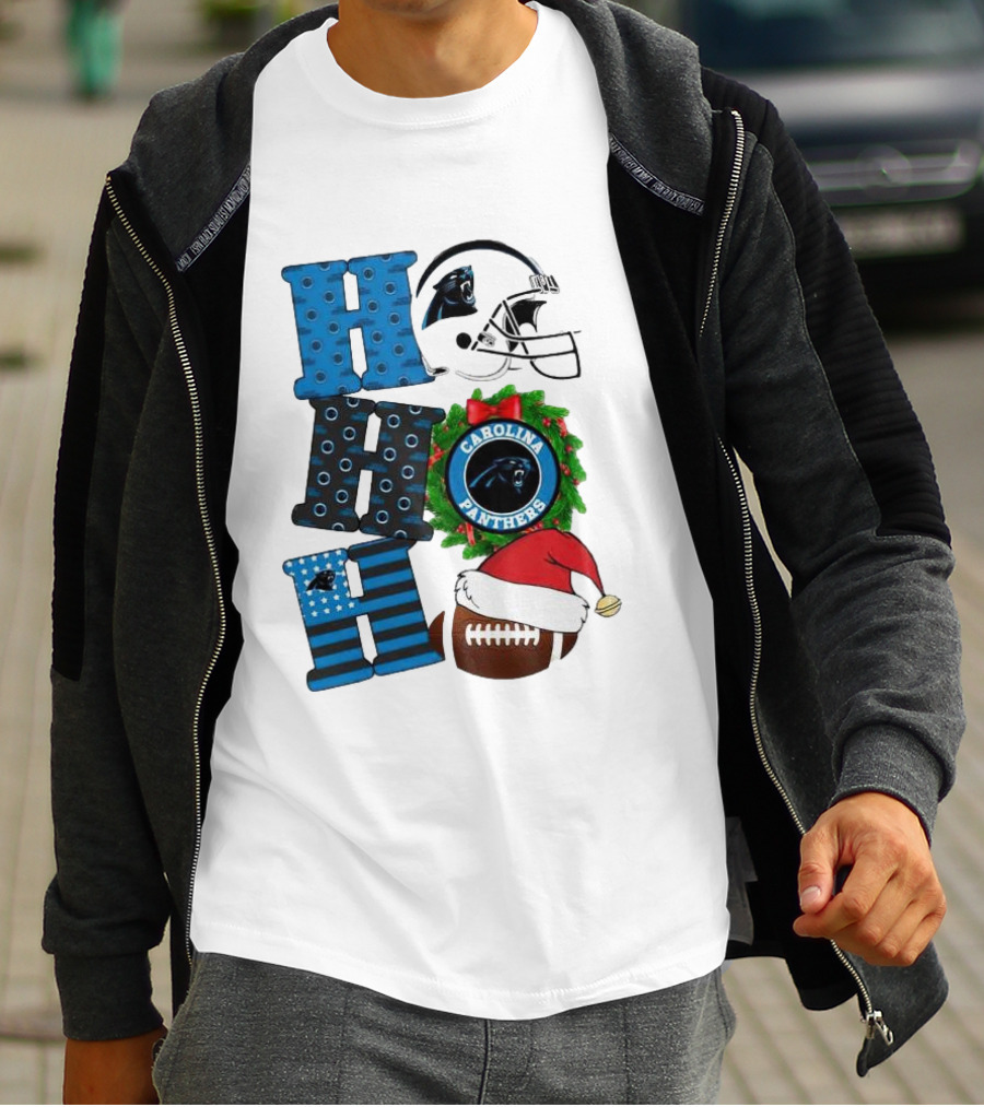 Carolina Panthers Ho Ho Ho Merry Christmas Football Helmet Wreath Santa Hat T-Shirt