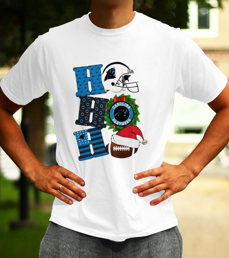 Carolina Panthers Ho Ho Ho Merry Christmas Football Helmet Wreath Santa Hat T-Shirt