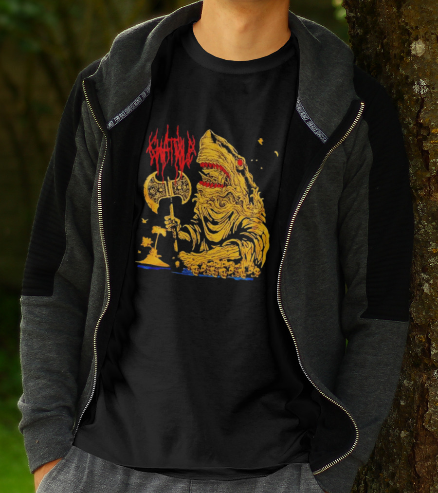 Chat Pile Shark With Axe On Tropical Beach T-Shirt