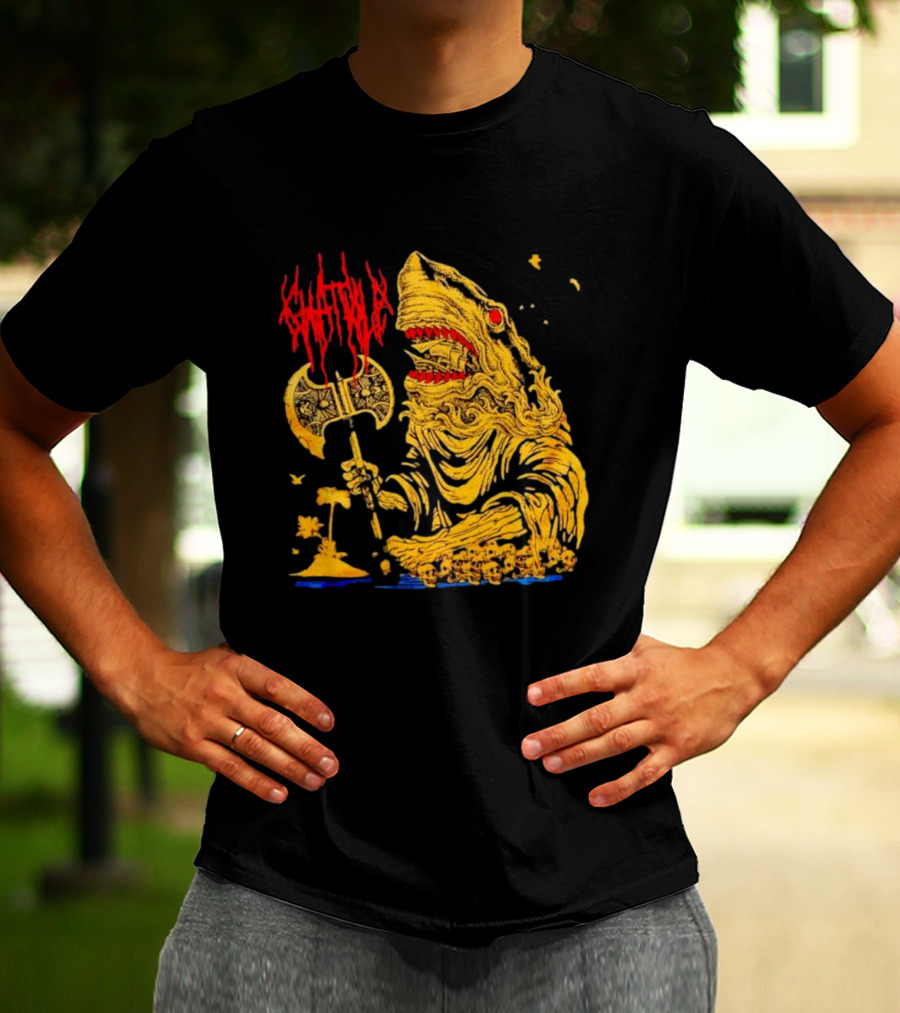 Chat Pile Shark With Axe On Tropical Beach T-Shirt