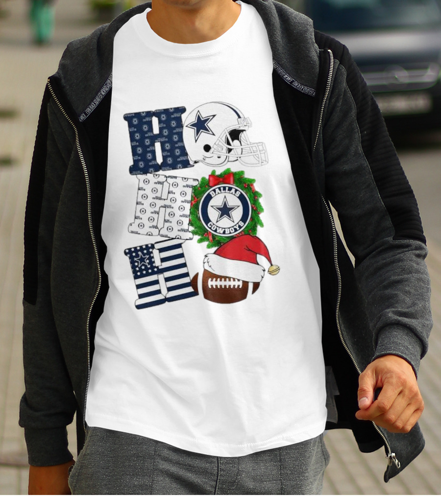 Dallas Cowboys Helmet Wreath Football Christmas Ho Ho Ho Merry Christmas T-Shirt