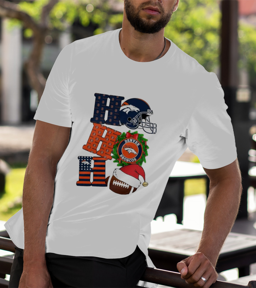 Denver Broncos Ho Ho Ho Merry Christmas Football Helmet Wreath Santa Hat Holiday T-Shirt