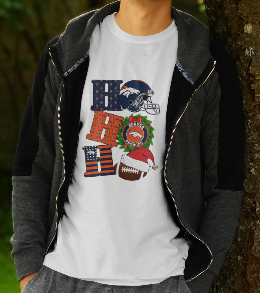 Denver Broncos Ho Ho Ho Merry Christmas Football Helmet Wreath Santa Hat Holiday T-Shirt