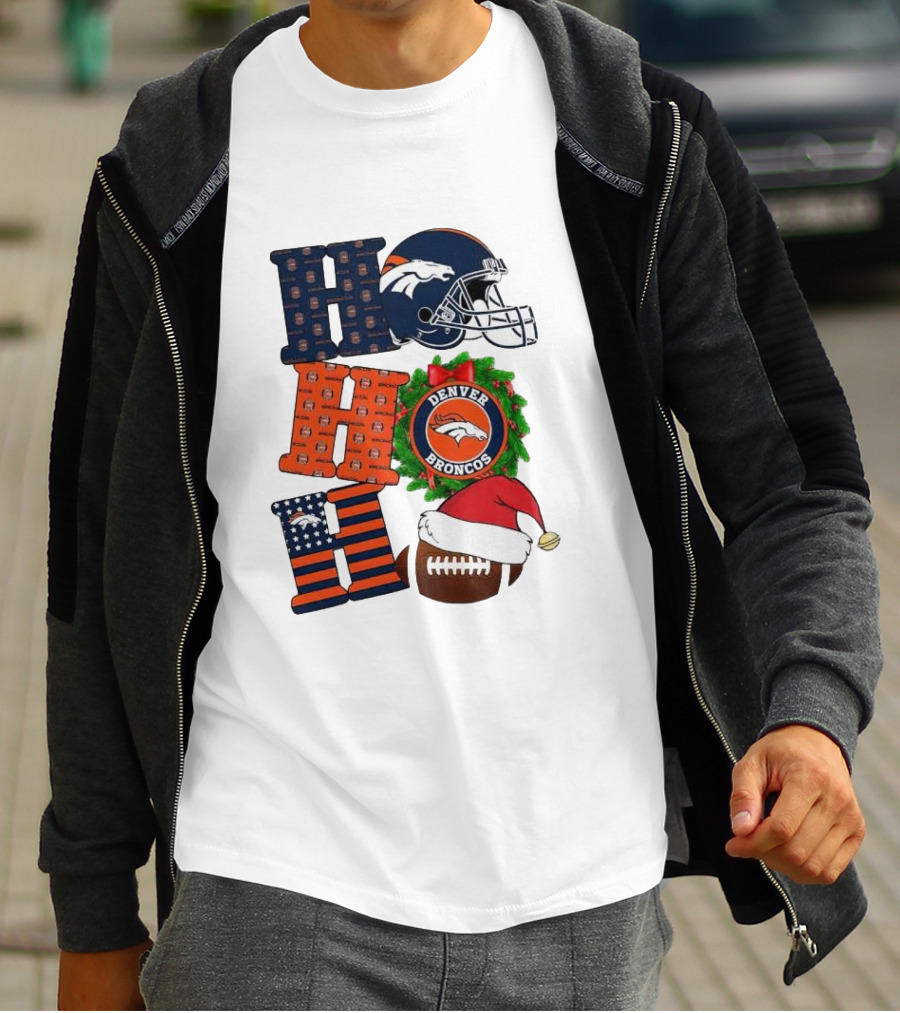 Denver Broncos Ho Ho Ho Merry Christmas Football Helmet Wreath Santa Hat Holiday T-Shirt