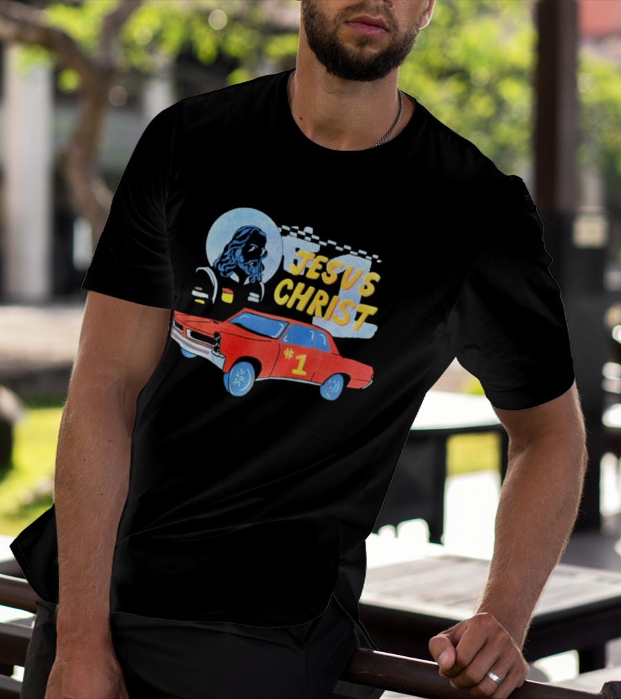 Jesus Christ Racing Champion With Red Car And Checkered Flag T-Shirt