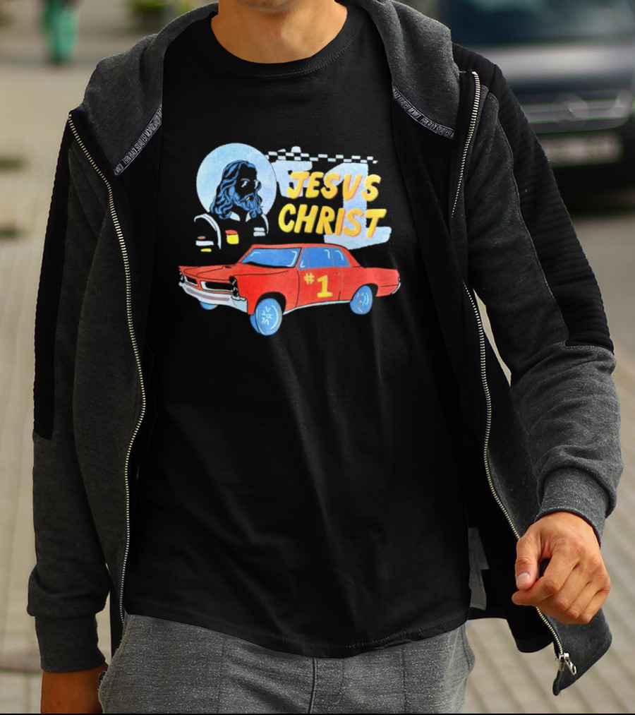 Jesus Christ Racing Champion With Red Car And Checkered Flag T-Shirt