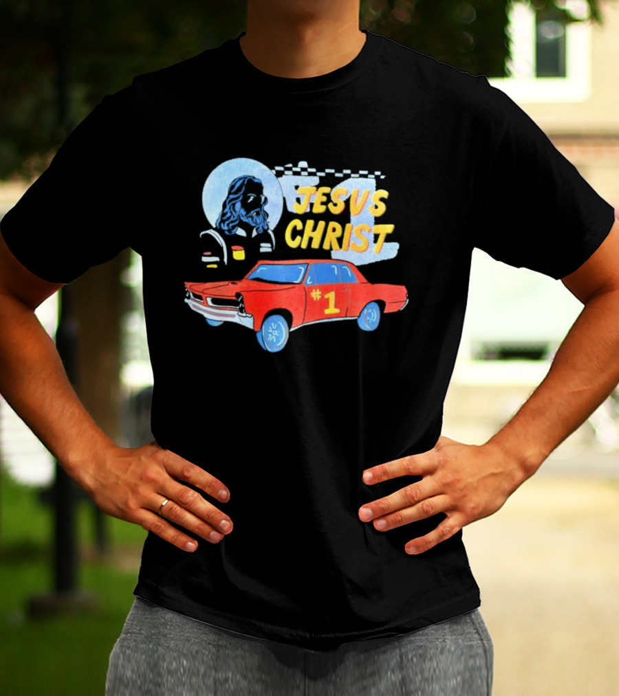 Jesus Christ Racing Champion With Red Car And Checkered Flag T-Shirt