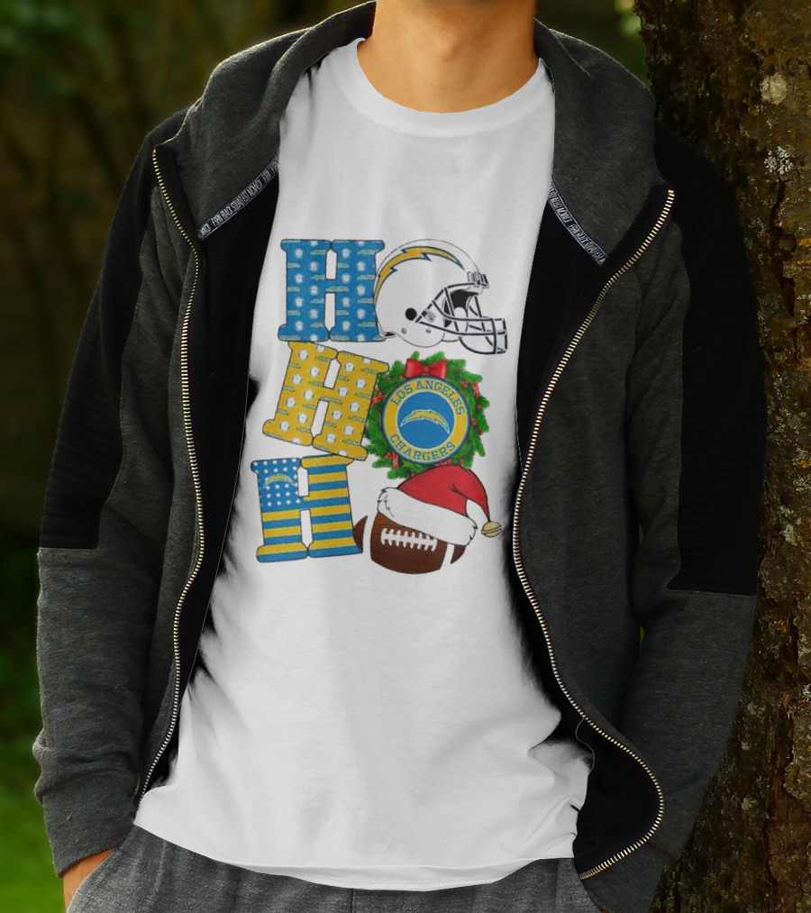 Los Angeles Chargers Ho Ho Ho Merry Christmas Wreath Helmet Football Santa Hat Featured T-Shirt