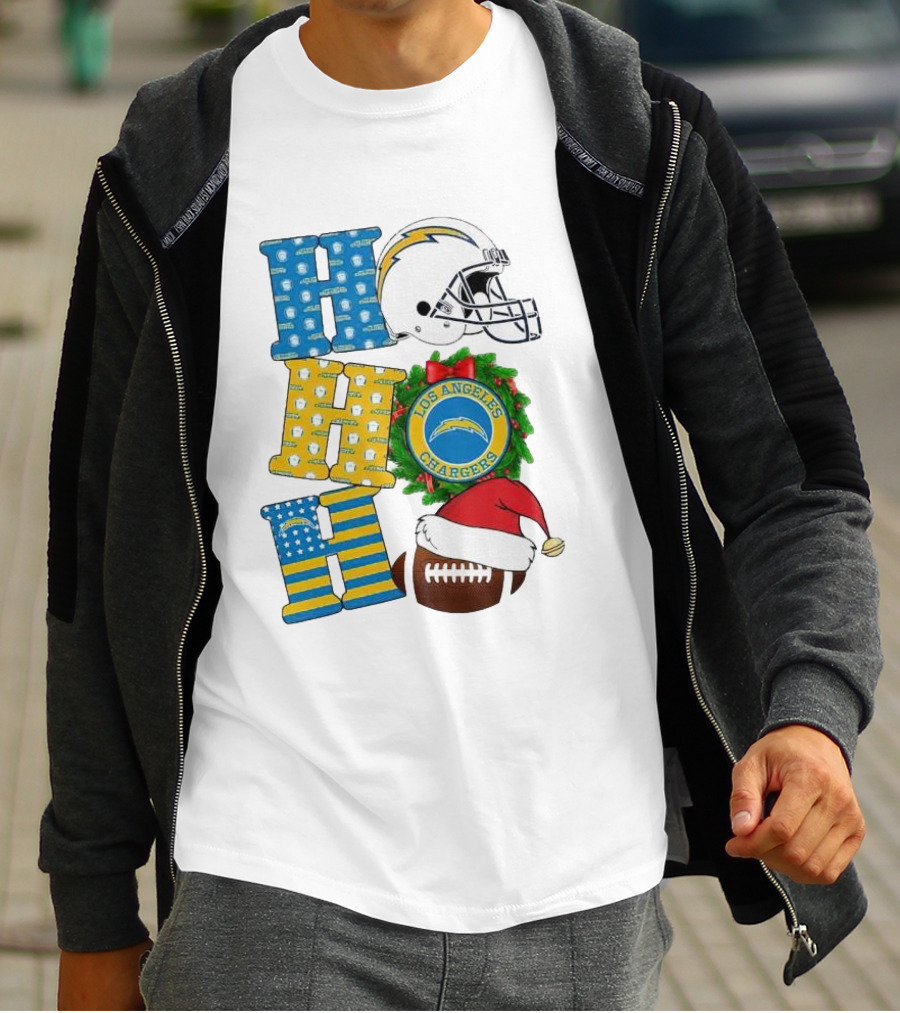 Los Angeles Chargers Ho Ho Ho Merry Christmas Wreath Helmet Football Santa Hat Featured T-Shirt