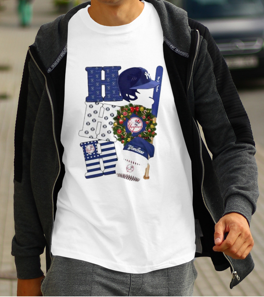 New York Yankees Ho Ho Ho Merry Christmas Yankees Caps Wreath Baseball Bat T-Shirt