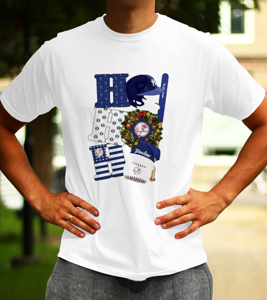 New York Yankees Ho Ho Ho Merry Christmas Yankees Caps Wreath Baseball Bat T-Shirt