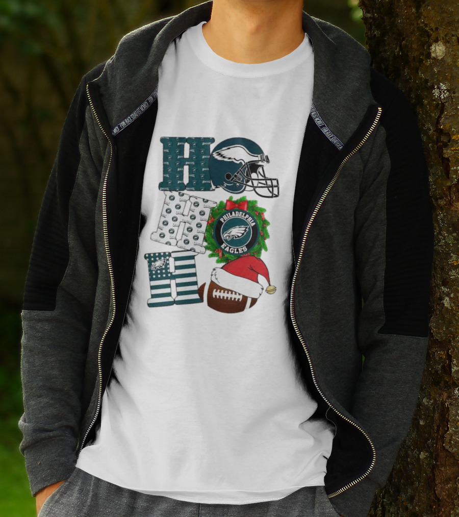 Philadelphia Eagles Ho Ho Ho Merry Christmas Football Helmet Wreath Santa Hat T-Shirt