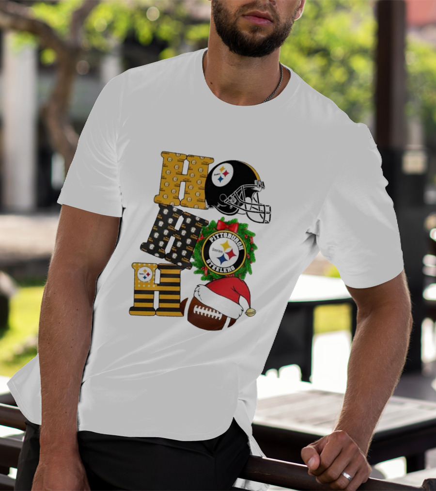 Pittsburgh Steelers Ho Ho Ho Merry Christmas Football Helmet Wreath Santa Hat T-Shirt