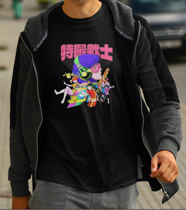 Popkiller Tokusatsu Senshi Retro Anime Heroes Japanese Text Neon T-Shirt