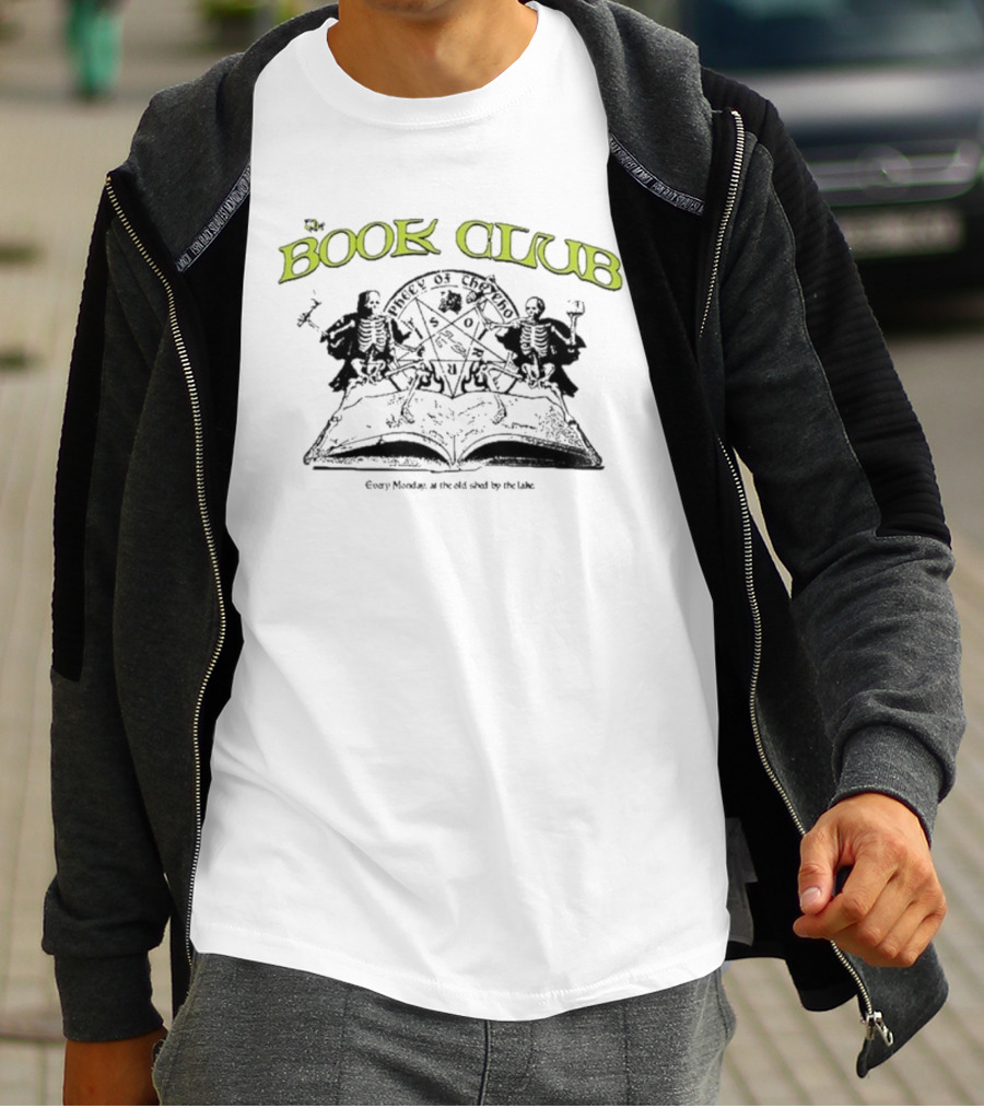 Book Club Every Monday At The Old Shed By The Lake With Mystical Skeletons And Open Book T-Shirt