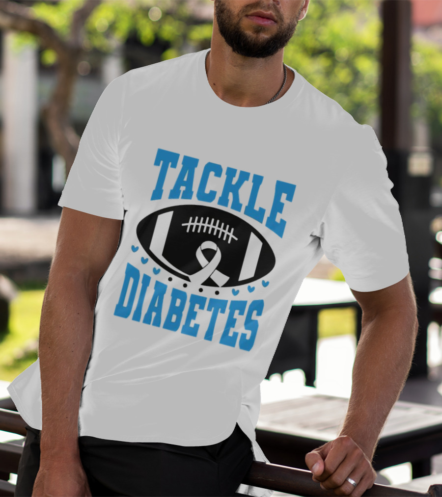Tackle Diabetes Awareness Football Design With Blue Ribbon And Hearts T-Shirt