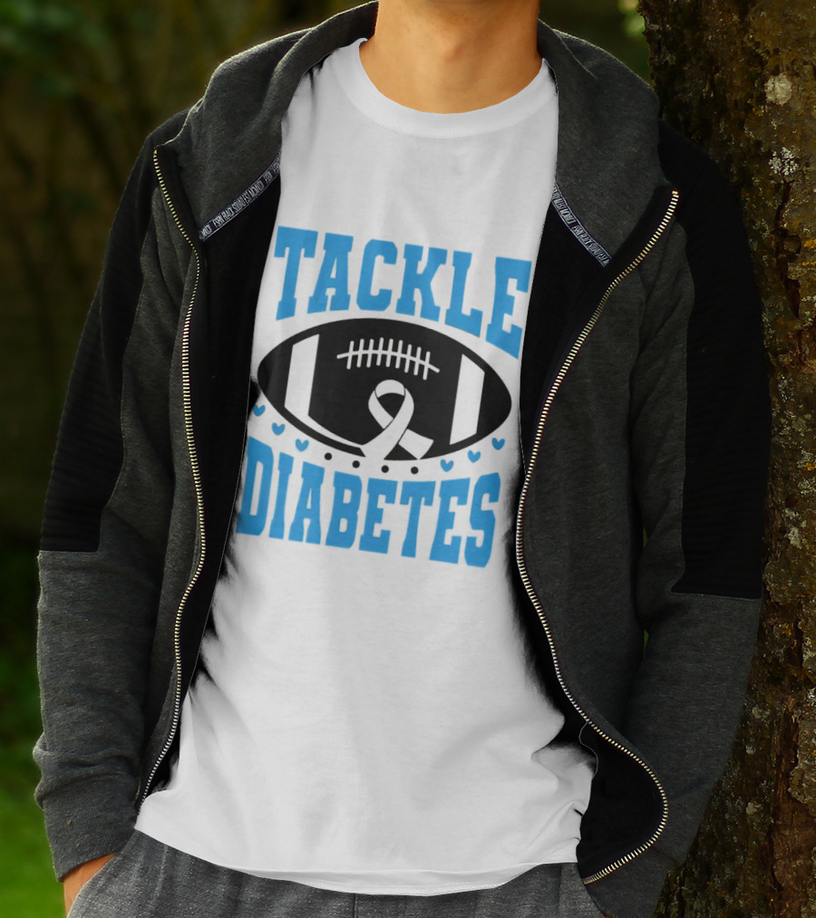 Tackle Diabetes Awareness Football Design With Blue Ribbon And Hearts T-Shirt