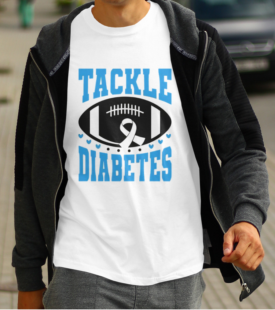 Tackle Diabetes Awareness Football Design With Blue Ribbon And Hearts T-Shirt