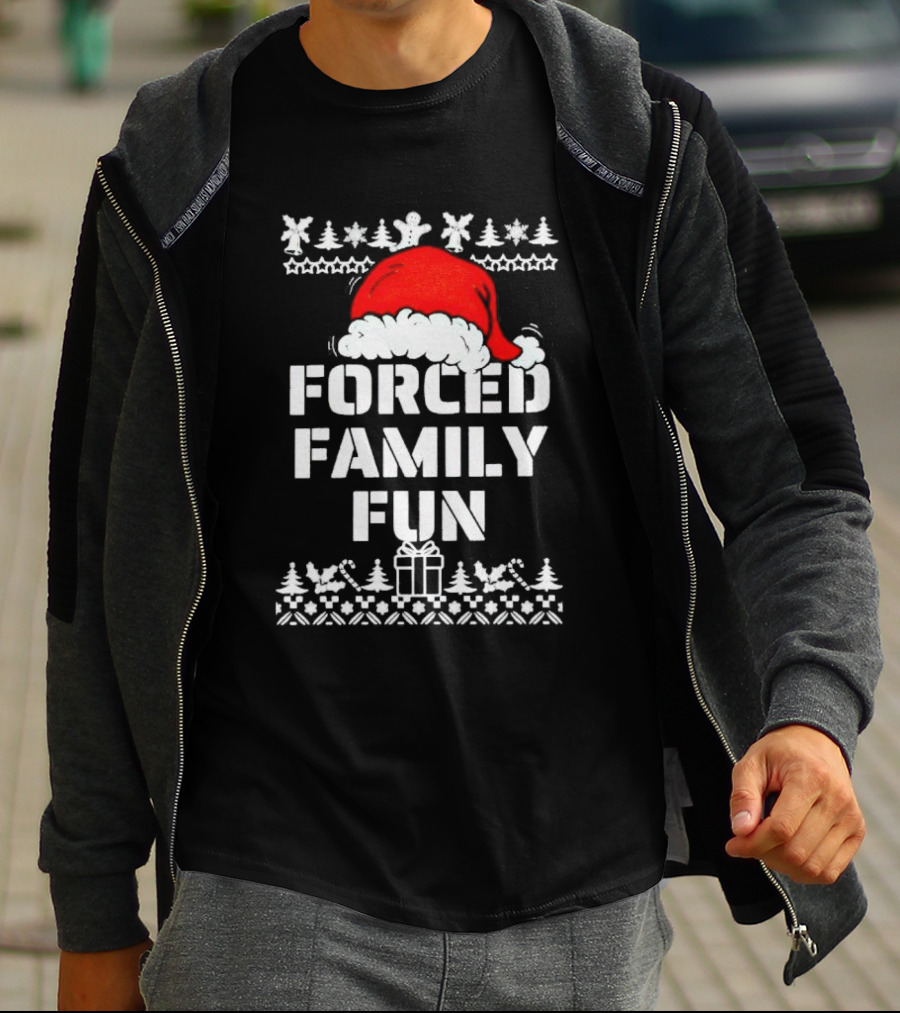 Forced Family Fun Christmas Santa Hat Trees Presents T-Shirt
